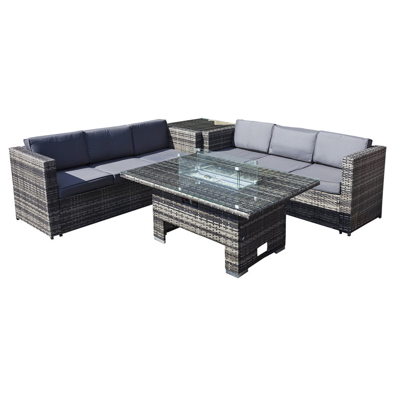 Malta Rattan 6 Seat Rising Firepit Corner Set in Grey Walnut