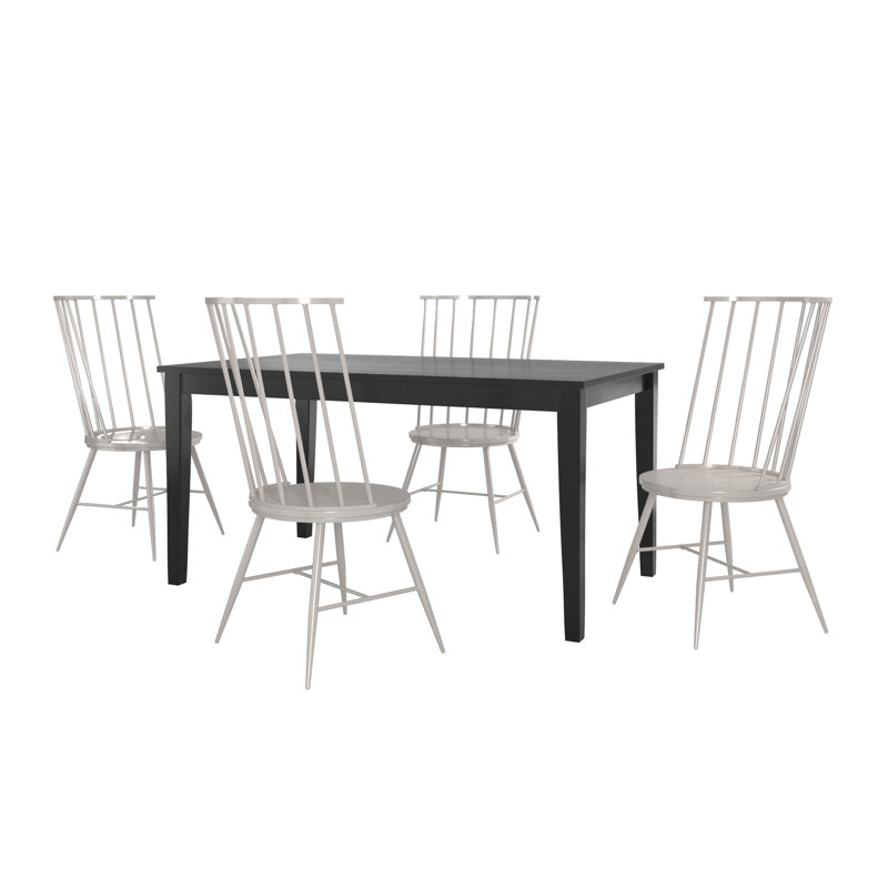 Blum 60" Black Finish Dining Set - 5-Piece, Black Dining Table And High Back Windsor Dining Chairs, Silver Birch