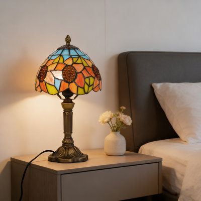 Tiffany Style Sunflower Stained Glass Table Lamp, Antique Bronze Resin Base, E26 Warm Bulb Included, Vintage Accent Light