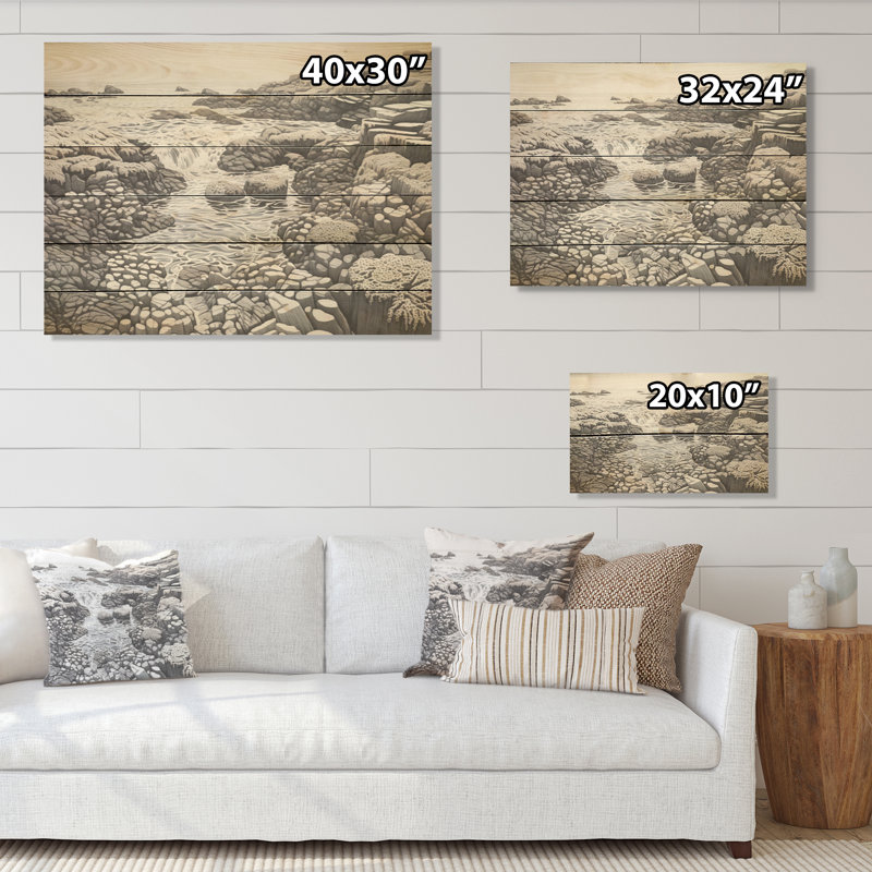 «Grey Abstract Landscape I - Coastal Coral Under Water Wood», art mural sur bois de pin naturel, H 30 po x l 40 po