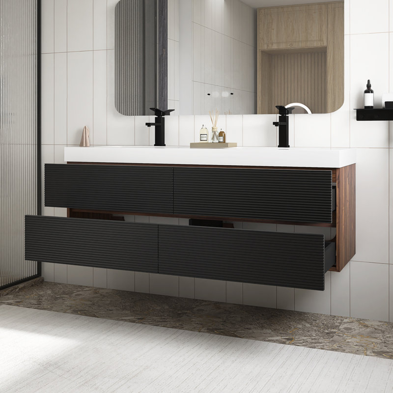 Meuble-lavabo moderne en noyer de 60 po avec lavabo monobloc blanc brillant et tiroirs noirs, meuble-lavabo mural flottant