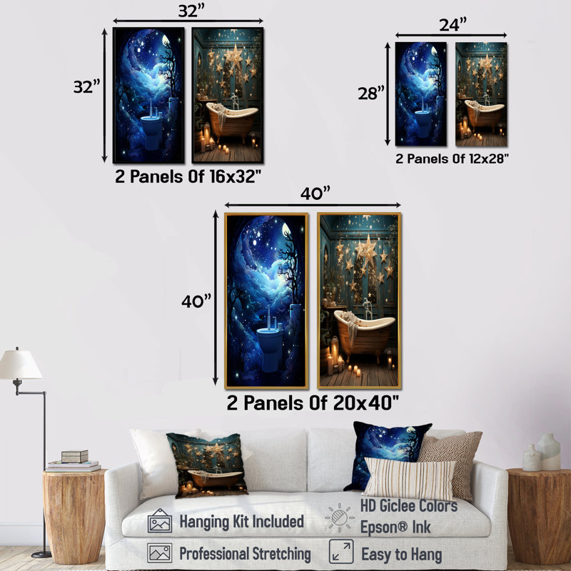 Starry Night Bathroom Reflections I - Ensemble de 2 décorations murales pour salle de bain, H 28 po x l 25 po, Toile tendue
