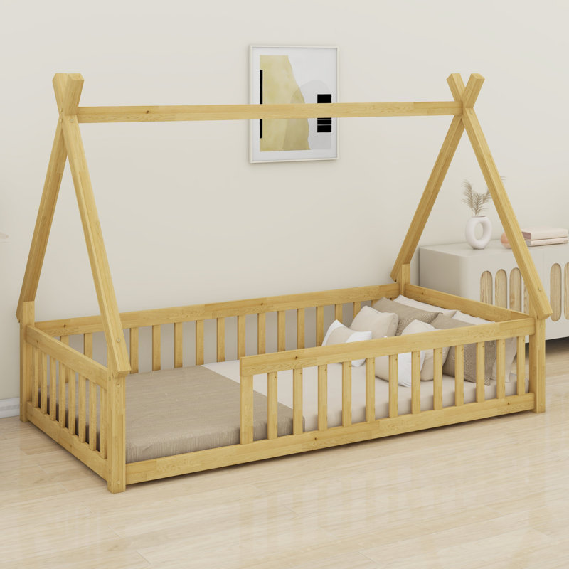 Tent-Shaped Teepee Bed With Safety Rails, Natural