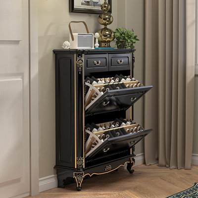 Black Solid Wood Shoe Storage Bench