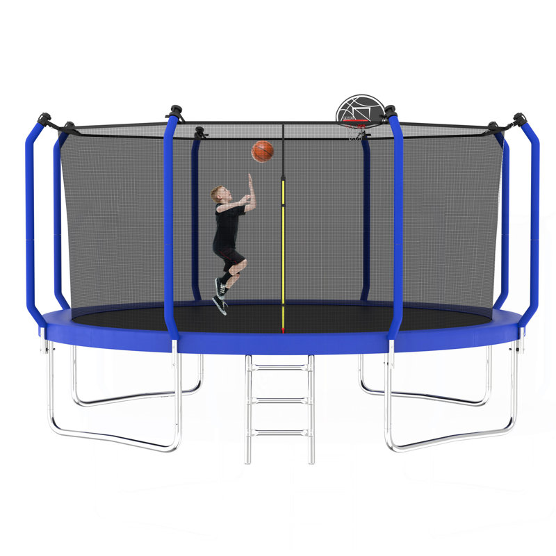 Trampoline 14FT avec panier de basketball, trampoline d'extérieur renforcé de type ASTM avec filet d'enclos