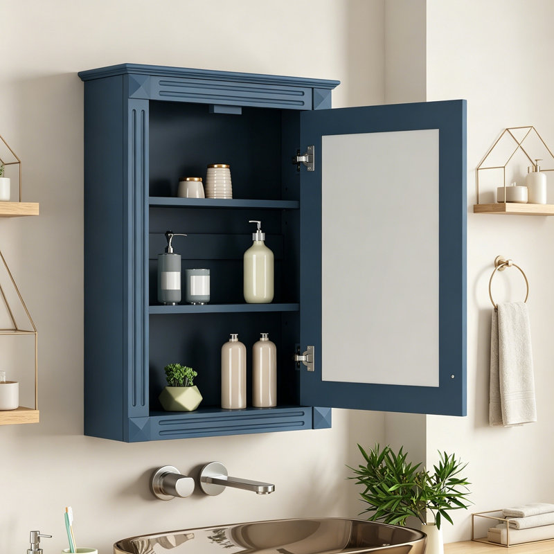 Armoire de rangement murale avec miroir et tablette réglable, Bleu