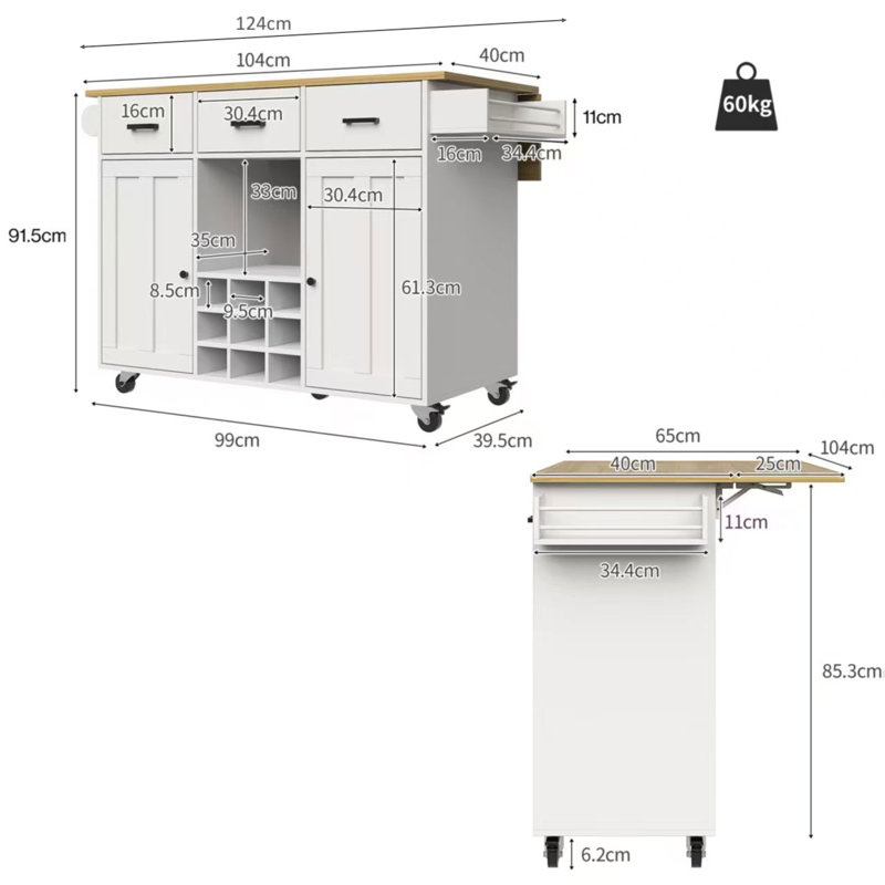 124 cm W Kitchen Island, White