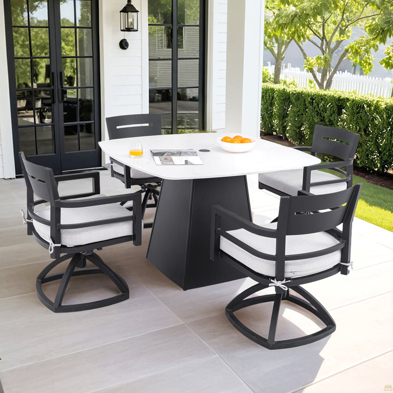 5-Piece Outdoor Pedestal Dining Set, 44" Rounded Square Sintered Stone Table With Flared Base And 4 Swivel Rockers, Sunbrella Cushions, Rust-Free Aluminum, Weather-Resistant, For Patio Or Deck