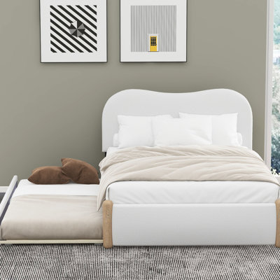 White Full Size Upholstered Platform Bed With Twin Trundle, Wood Construction For A Relaxing Bedroom, Headboard Relaxation, No Box Spring Required Supporting Feet And Trundle - Build, Soft Mattress