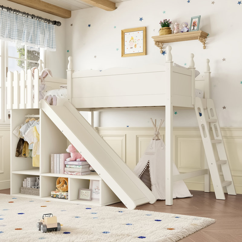Full Loft Bed with Storage Shelves and Wardrobe, Solid Wood Loft Beds with Detachable Slide and Ladders, No Spring Box Needed, Beige