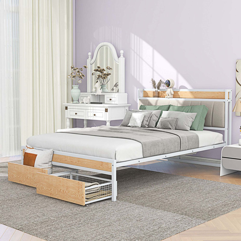Lit plateforme avec rangement, Double, Blanc