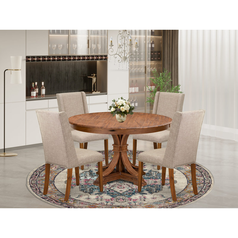 L'ensemble de table de salle à manger 5 pièces se compose d'une table de cuisine et de 4 chaises modernes en tissu de lin brun clair avec dossier rembourré - noyer antique
