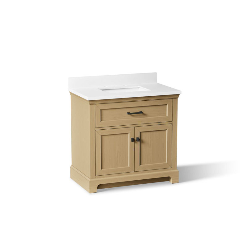 Charlemont Bathroom Vanity Cabinet With Sink And Quartz Top, Light Oak, Matte Black, 36"