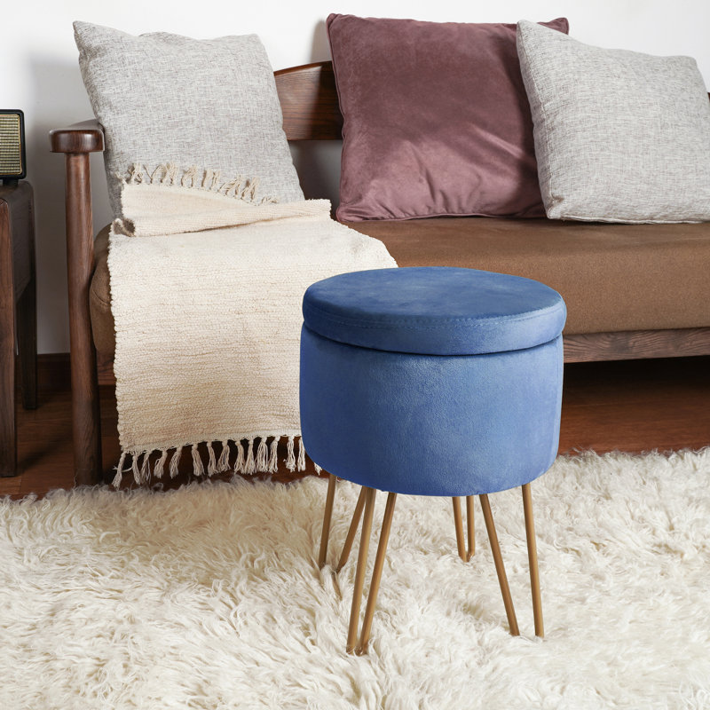 Velvet Storage Upholstered Accent Stool, Blue