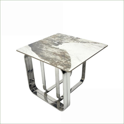 Table basse de salon rectangulaire avec plateau en pierre frittée et structure en métal argenté, facile à nettoyer et amp; Résistant aux égratignures