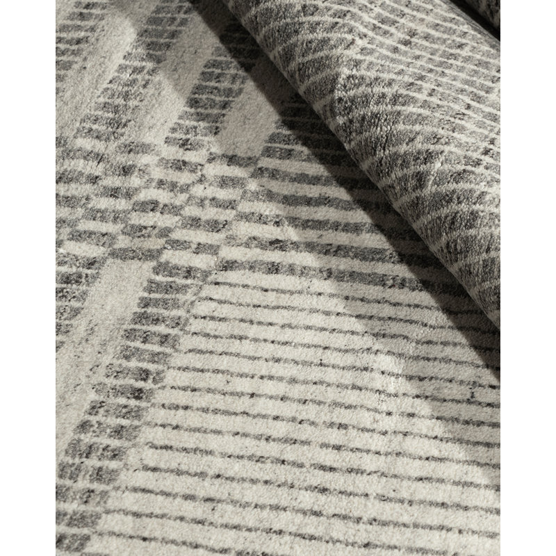 Organic Hand Knotted Striped Area Rug in White/Gray, Rectangle 8' x 10'