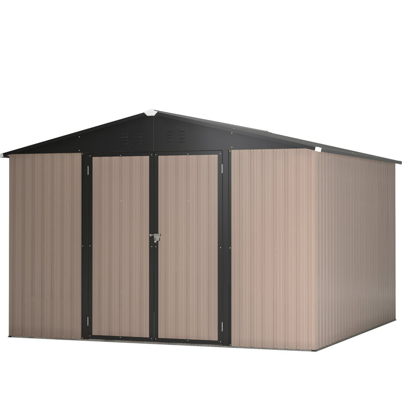 Remise extérieure en métal 10 pi x 10 po, porte verrouillable et système de ventilation pour patio, Brun