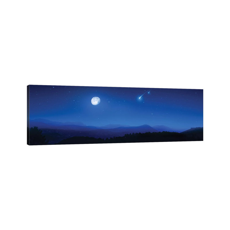 Mountain Range On A Misty Night With Moon And Starry Sky. by Evgeny Kuklev - Wrapped Canvas Panoramic Gallery-Wrapped Canvas Giclée