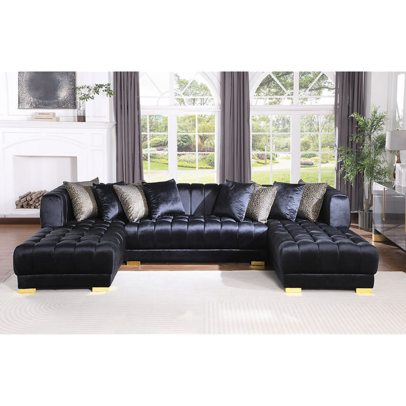 Canapé modulaire rembourré 3 pièces Khysen, Velours noir
