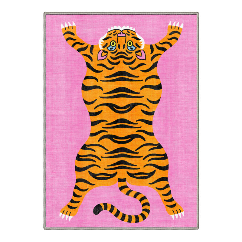 Tigris Animal Print Machine Washable Pink / Yellow / Black Indoor Area Rug with Non-Slip Backing, Rectangle 5' x 7'
