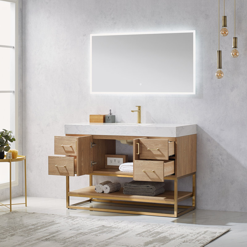 Ensemble de meuble-lavabo simple 48 po avec miroir Alistair, Or, Chêne naturel, Blanc