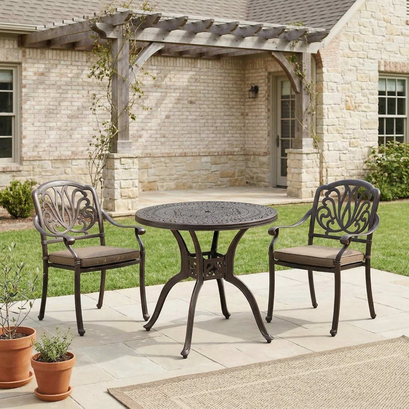 Rustproof Weather Resistant Scratch Proof Heavy Duty 31.5 Inch Cast Aluminum Round Patio Dining Table With Pre Drilled Umbrella Hole And Stable Non Slip Base For Backyard Garden