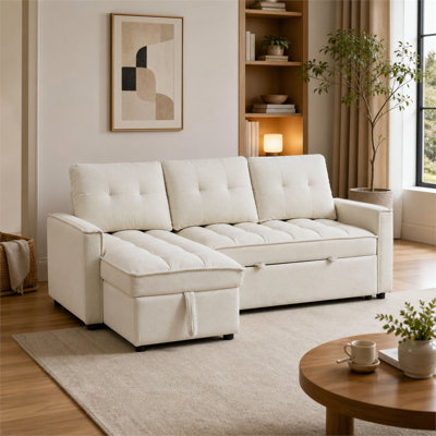 Canapé-lit modulaire convertible en L gris clair à 6 sièges en L avec revêtement en chenille pour lit d'invité avec accoudoirs arrondis et garniture cloutée 7 coussins de dossier amovibles faciles à assembler pour le salon, la chambre et la chambre d'amis