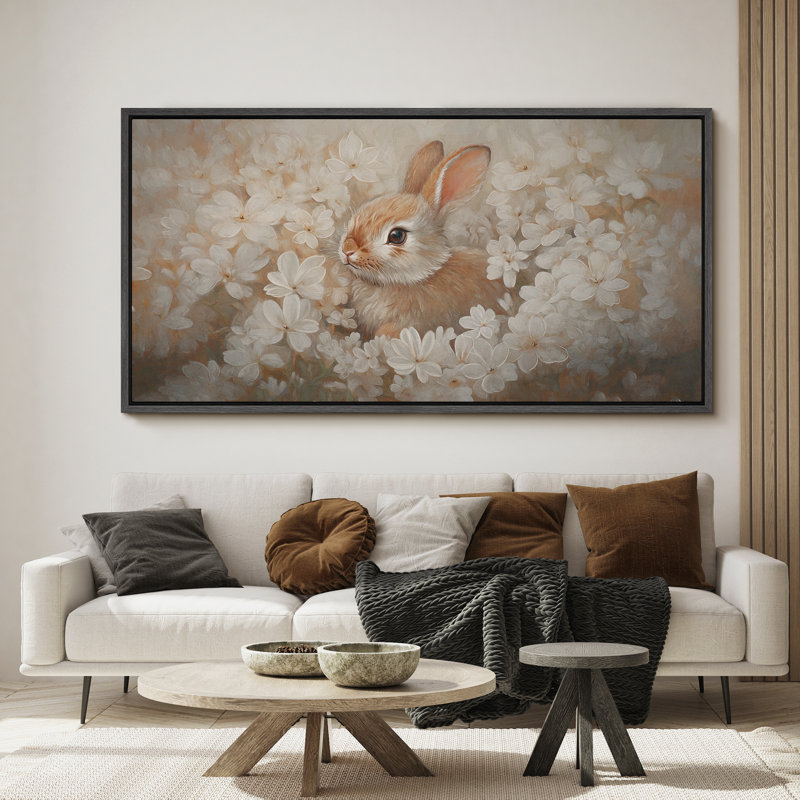 "Mignon lapin avec fleurs blanches", art mural sur toile neutre neutre pour chambre d'enfant ou chambre d'enfant, Noir