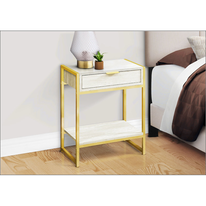 Modern Accent Table With Storage Drawer, Gold, Beige
