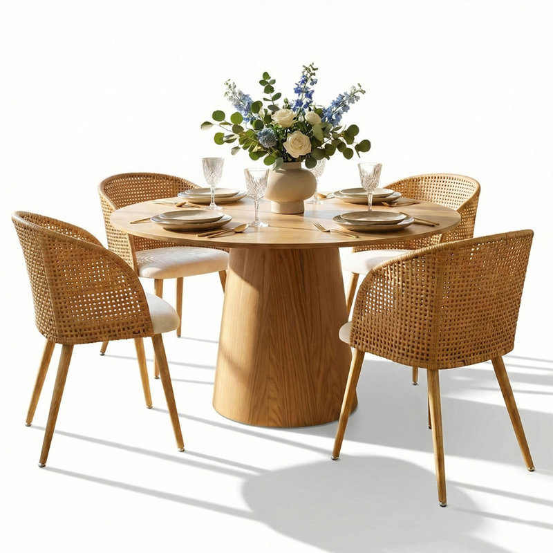 Cleston 4 - Person Dining Table Sets With 52'' Round Table & 4 Upholstered Fabric Chairs