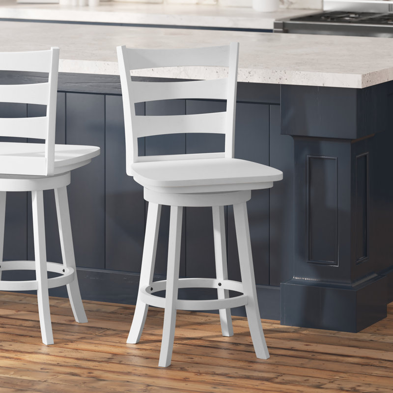 Laurel Ladderback Wooden Swivel Dining Stool With Footrest, Antique White Wash, Counter Stool (25” Seat Height)