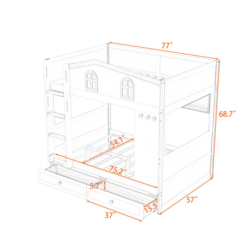 Lit superposé à 2 tiroirs en bois avec tablettes de rangement, Double sur double