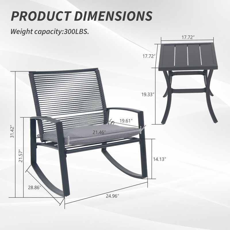 2-person Outdoor Patio Bistro Metal Rocking Conversation Set With Table, Gray