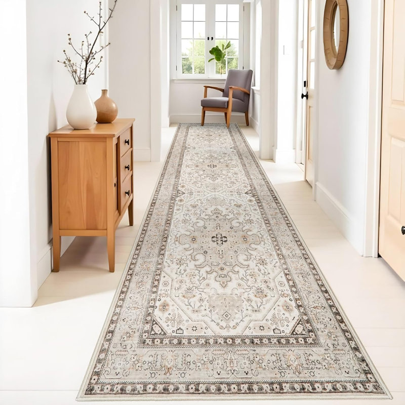 Rug Kitchen - Hallway Non Slip Washable Oriental Soft Indoor Neutral Carpet for Entry Bedroom Farmhouse Low Pile Stain Resistant Hall Rugs Long Thin Front Door Mat - Ivory