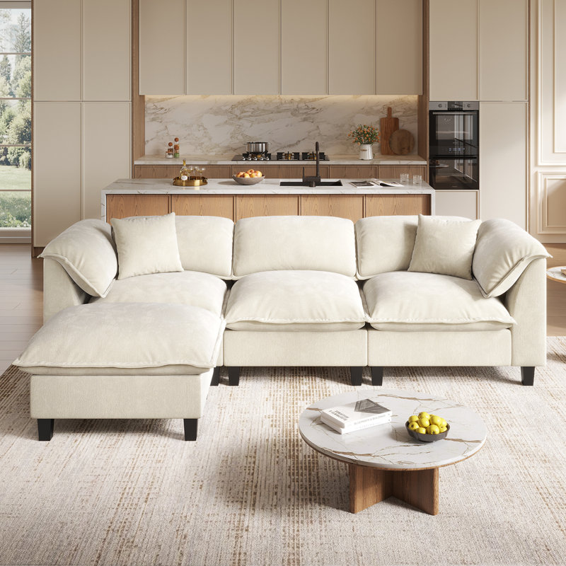  Modular Sectional Sofa With Movable Ottoman, L-Shaped Couch With Removable Washable Cushion Covers, 9.8" Extra-Thick Cushions, Tool-Free Easy Assembly, Padded Armrests For Living Room, Beige