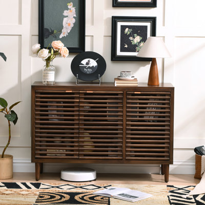 Jahey Modern 3-Door Storage Cabinet With Adjustable Shelves, Slatted Doors