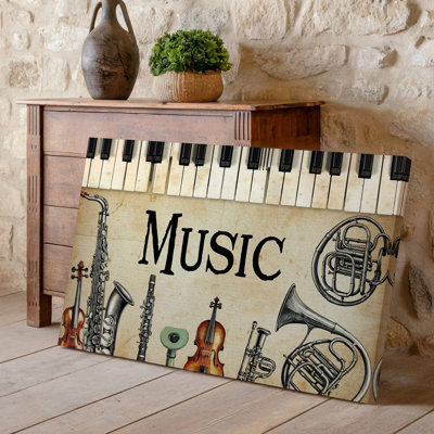 Canvas A Vintage Style Collage Featuring Various Musical Instruments Including A Wall Art Saxophone Clarinet Violin And French Horn Canvas Wall Art