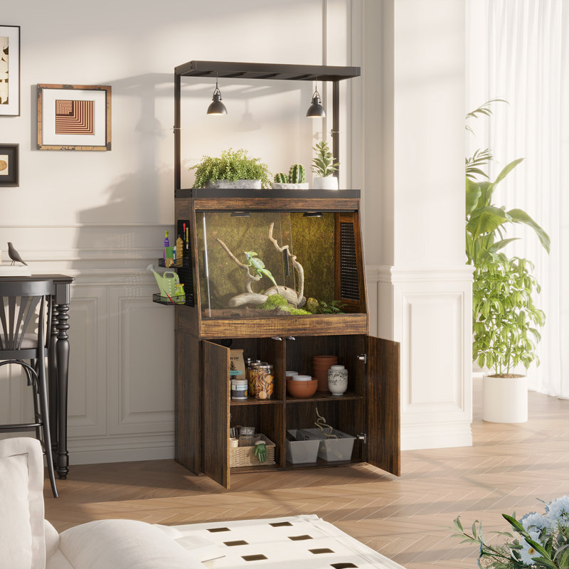 31.5 In.w Brown Reptile Terrarium Cabinet With Sliding Glass Doors, Adjustable Storage Shelf And Lighting Rack