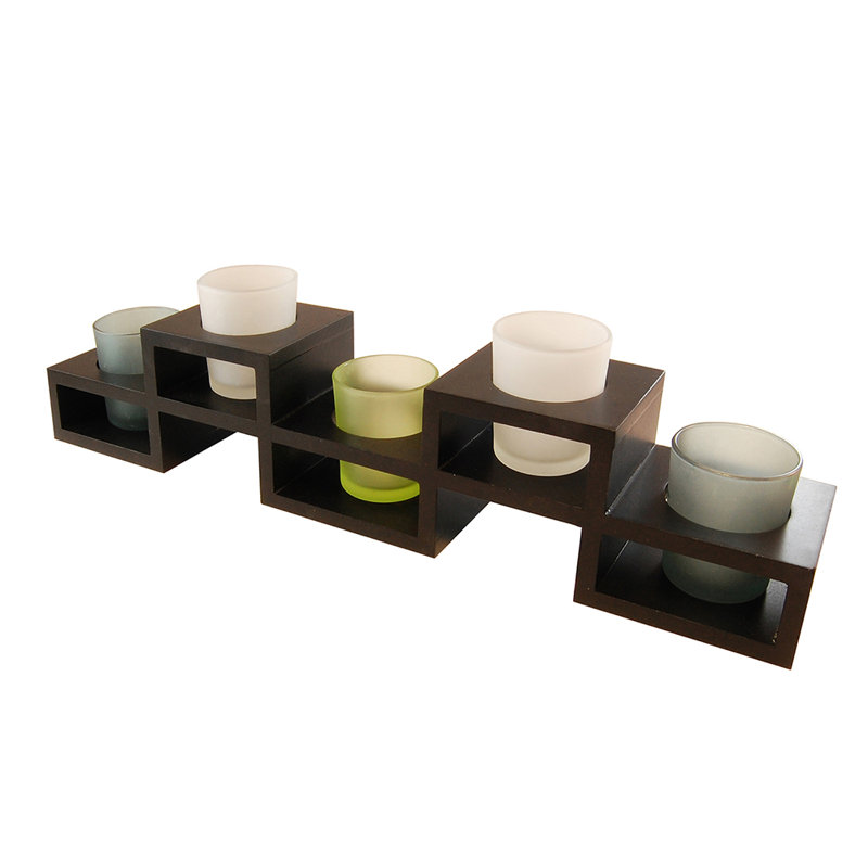 Ensemble de 5 petits porte-votives en verre et bois