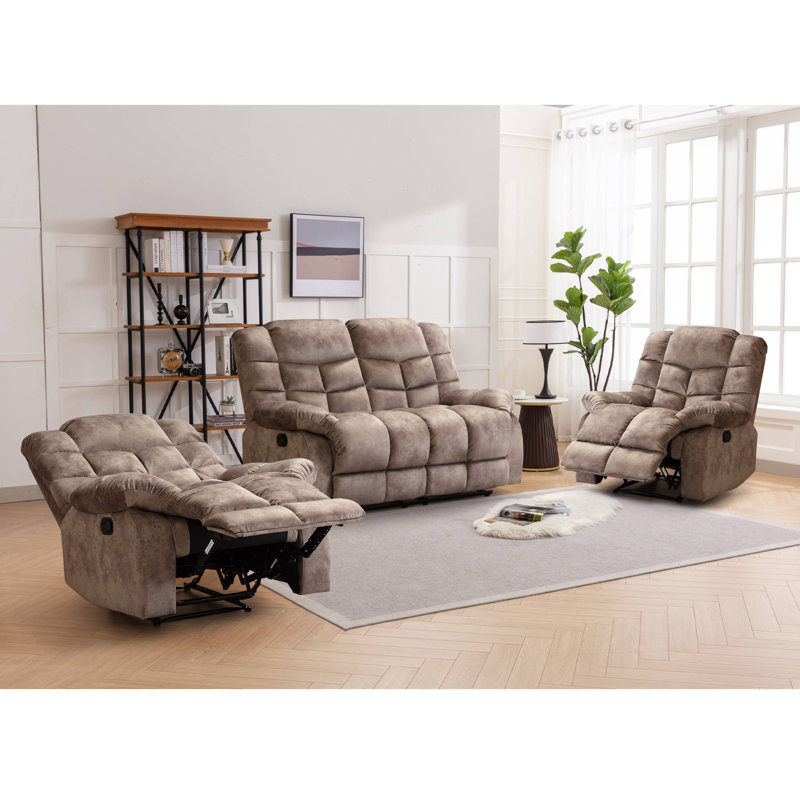 Ensemble de salon inclinable manuel 3 pièces avec 2 fauteuils inclinables et causeuse, Brun