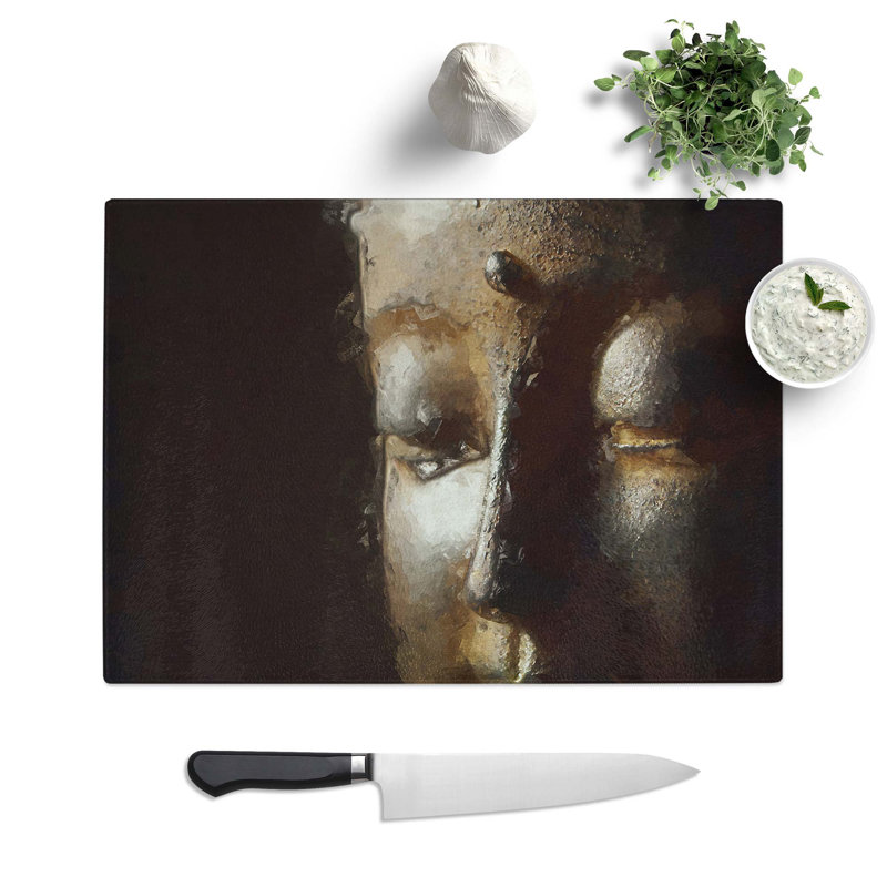 Glass Golden Buddha Statue in Abstract Chopping Board, 28.5 cm W x 20 cm L
