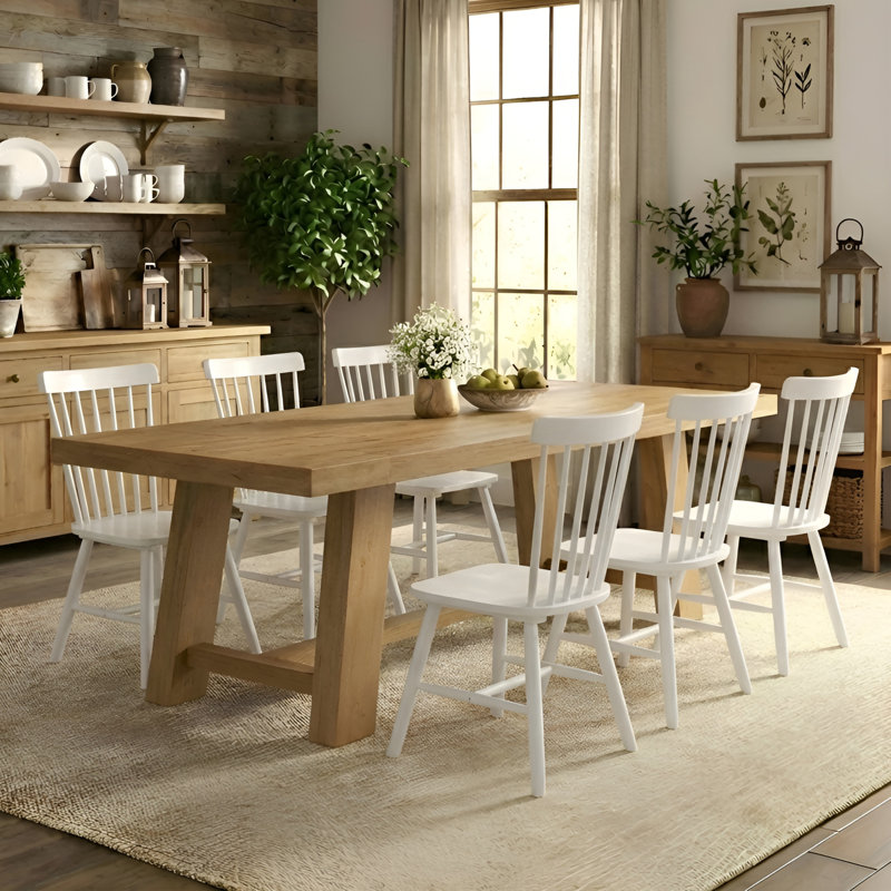 Ensemble de table de salle à manger en bois massif, table de salle à manger rectangulaire en pin vieilli et chaises à dossier en lattes Windsor pour cuisine / salle à manger
