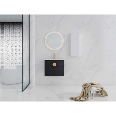 Wall-Mounted Bathroom Vanity With Ceramic Sink And 2 Doors Side Cabinet, Soft Close Doors(KD-Packing)