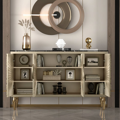 63'' White Buffet Sideboard,4 - Door Sunburst Design Dining Room Sideboard,Modern Buffet cabinet