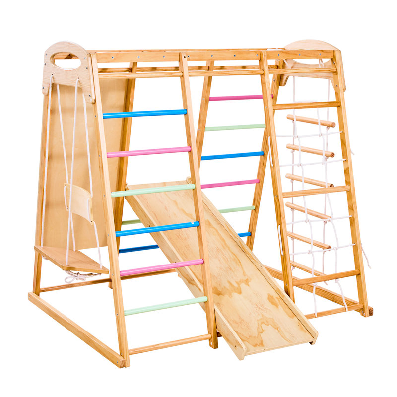 Aire de jeux intérieure Jungle Gym: 71 avec glissade, barre à singes et filet d'escalade pour l'entraînement