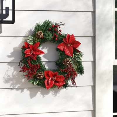 18" Artificial Spruce Poinsettia Berry Christmas Wreath