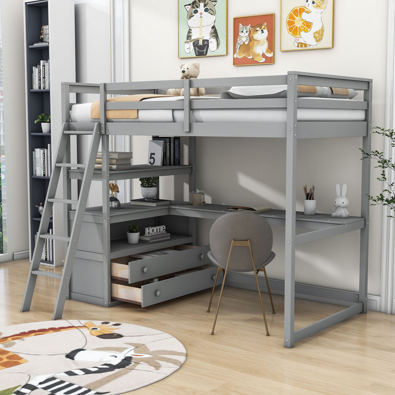 Kids Twin Loft Bed with Drawers, Gray