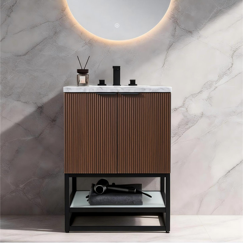 24'' Single Bathroom Vanity with Natural Carrara Marble Top, Walnut, Walnut
