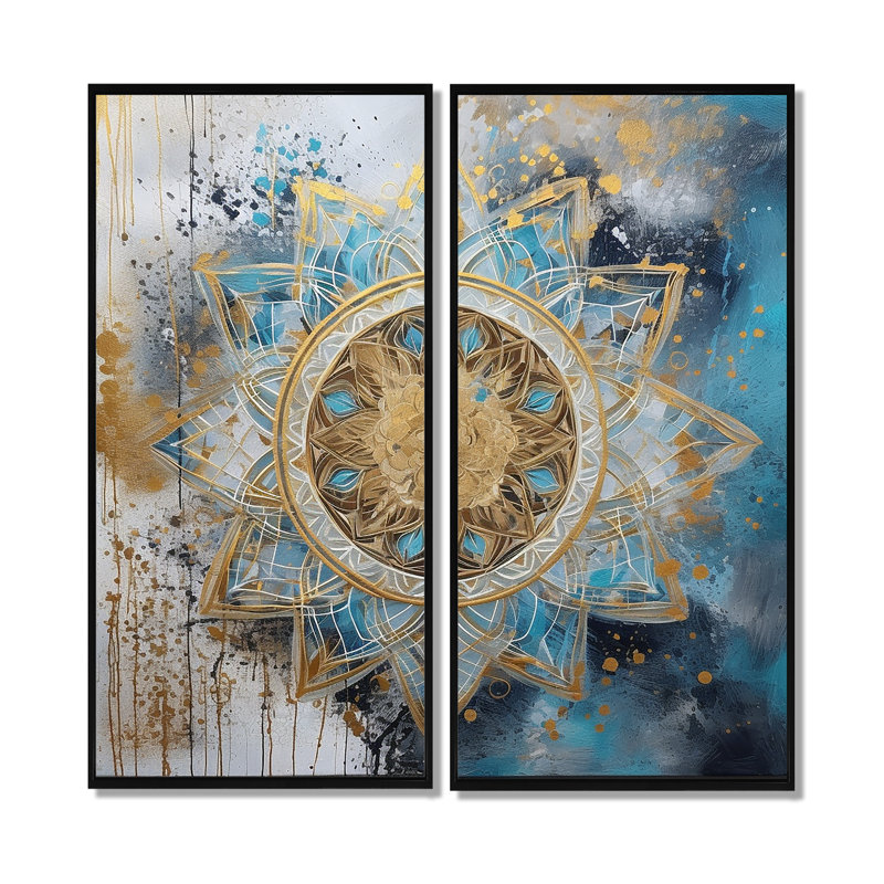 Art mural Mandala bleu et or II - Boho Mandala, H 32 po x l 32 po, Noir, Impression encadrée flottante