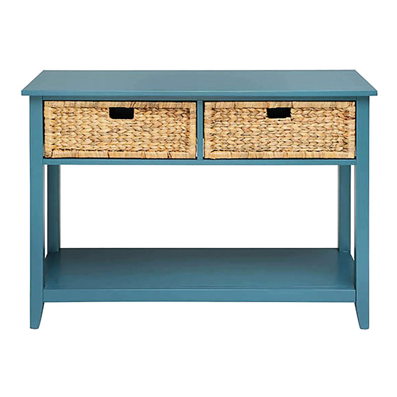 Console rectangulaire bleu sarcelle avec tiroirs et tablettes - Idéal pour les salons. Support de pieds en bois massif avec 2 tiroirs pour un meilleur équilibre des pieds